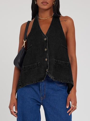 Image of Tankaneo Womens Halter Denim Vest Tops Summer Sleeveless Open Back Y2K Going Out Jean Tank Tops V Neck Button Up Waistcoat