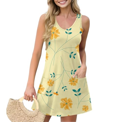 Women Summer Dresses Sleeveless V Neck Swimsuit Coverup Vacation Casual Sundress Printed Beach Dress with Pocket