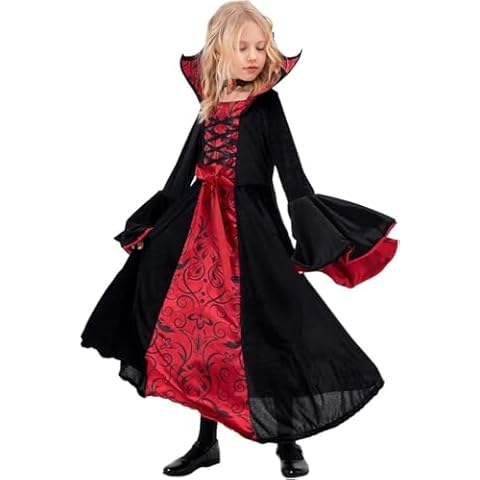 Girls Kids Halloween Costume Set, Royal Vampire Costume with Necklace, Teeth Fangs, Scars, Wound Tattoo (L) Cover