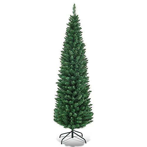 GOPLUS 150/180 cm Árvore de Natal artificial lápis 150 cm com 220 pontas de ramo PVC ignífugo, decoração natalícia com suporte de metal, fácil de montar, árvore natural economiza espaço, verde