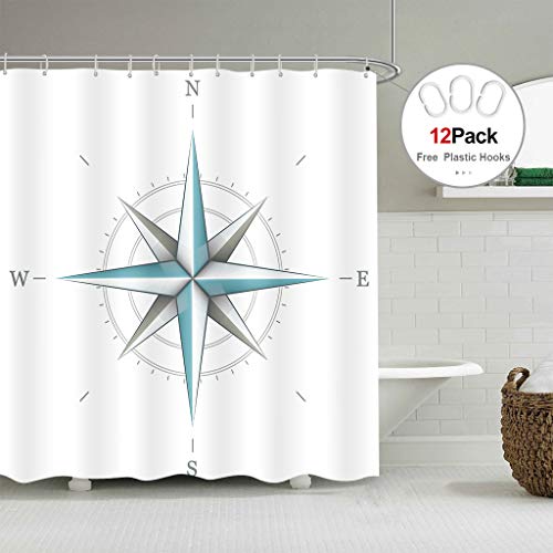 Riyidecor Compass Shower Curtain Nautical Directional Marine Instrument White Wind Rose Earth Illustration Guide Decor Bathroom Set Polyester Waterproof 72x72 Inch Plastic Hooks 12 Pack - Image 2