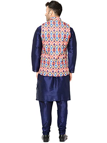 Image of SAIFOO Men's Silk Navy Blue Kurta Pyjama & Printed Nehru Jacket