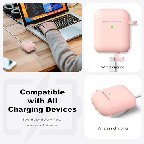 Image of AirPods Case Cover with Keychain, Full Protective Silicone AirPods Accessories Skin Cover for Women Girl with Apple AirPods Wireless Charging Case,Front LED Visible-Pink Sand