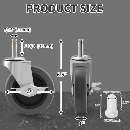 Besitu 4 Inches Stem Caster Wheels, 7/16-Inch Stem Diameter Swivel Casters Set of 4 with Side Brake, Heavy Duty TPR Replacement Wheels for Utility Cart Rubbermaid Mop Bucket Shop Vac Weber Grills