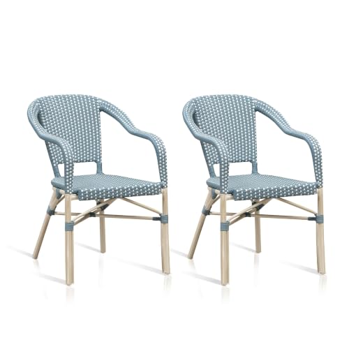 Image of PURPLE LEAF French Rattan Bistro Chairs Set of 2, White Finish, Light Blue