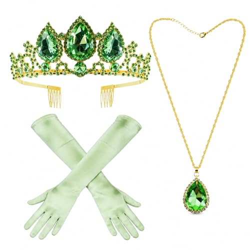 Saephaw Princess Tiana Costume Accessory Crown Necklace Gloves Halloween Party Cosplay Dress Props Green Crystal Tiara
