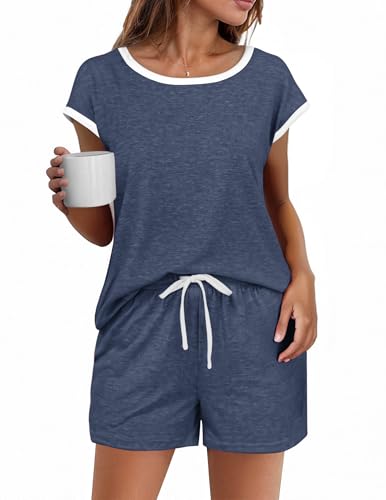 Image of Ekouaer Womens Pajamas Set 2 Piece Short Sleeves PJs O Neck Tops and Drawstring Waist Shorts Soft Lounge Set