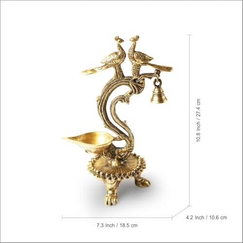 Image of ExclusiveLane 'Peacock Pair' Brass Oil Diya for Pooja Room With Gem Work (100% Pure Brass, 1 Wick, 20 ml, 1.3 Kg)|Brass Diyas for Pooja Diyas for House Warming Table Diya Diwali Return Gifts for Pooja