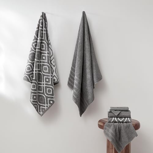 Image of Modern Threads 6 Piece Bath Towel Set Bathroom Set with 2 Bath Towels, 2 Hand Towels, & 2 Wash Cloths 100% Cotton, Super Absorbent & Extra Soft - Reversible Classic Diamond (Gray) 1 Set (Pack of 8)