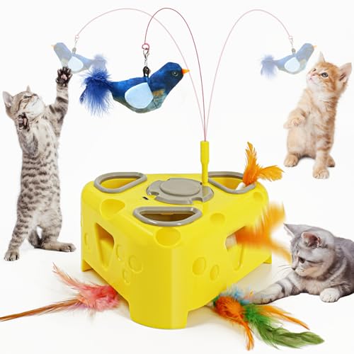 Almaxi Juguetes para Gatos, 3 en 1 Juguete Interactivo Gato con Golpea al Topo, Juguete Pájaro Volador, Pluma giratoria, Recargable por USB, Incluye 6 Accesorios Plumas