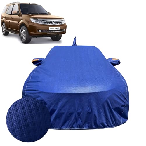 Image of Car Cover for Tata Safari Storme (2012-2020) | 100% Waterproof Cover with Antenna & Reflective Mirror Pockets | Dustproof, Scratchproof, Heatproof Safari Car Cover |Soft Cotton Lining| Blue