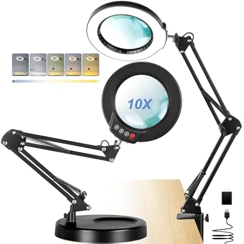LANCOSC 10X Magnifying Glass with Light and Stand, 5 Color Modes Stepless Dimming LED Desk Lighted Magnifier, Adjustable Swing Arm Hands Free Magnifying Lamp for Craft Reading Soldering Close Work Cover