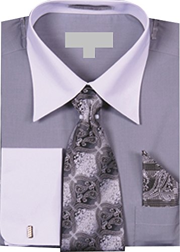 Men's Solid Dress Shirt with a Varying Tie and Hanky Set with White Collar and French Cuffs - Silver 19.5 36-37