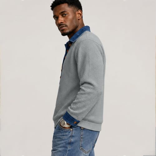 Waffle Knit Long Sleeve Men Denim Collar Patchwork Button Polo Shirts - image 4