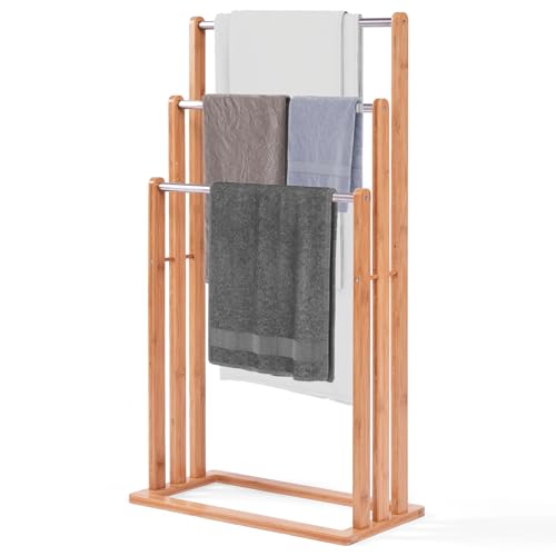 COSTWAY Porte-Serviettes avec 3 Barres Support pour Serviettes sur Pied en Bois Portant Vêtements Accessoires de Salle de Bain Serviteur de Chambre, 24 x 46 x 84 cm