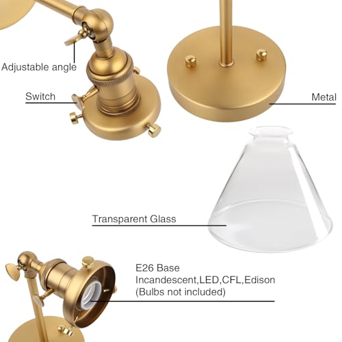 Image of PERMO Industrial Wall Sconce Single Brass Sconce with On Off Switch Funnel Flared Clear Glass Hand Blown Shade Hardwired (Antique Glod)