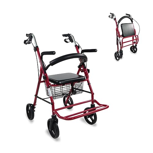Mobiclinic®, Andador para Ancianos, Con Asiento y Reposapiés, Fabricado en Aluminio, Resistente Ligero, Plegable, Frenos Manetas, Rollator, Marca Española, Modelo Colón, Color Burdeos