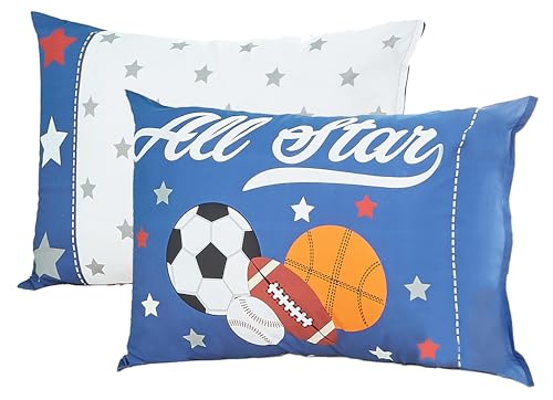 Image of Everyday Kids 2-Pack Standard Size Pillowcases Fit Pillows 30 x 20 inch - Soft Breathable 100% Cotton Percale - Perfect for Toddler Little Boy Twin /Full Size Bed - Jungle Sports
