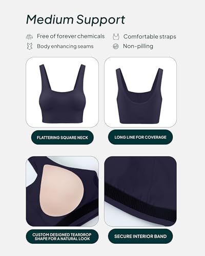 PAVOI ACTIVE Compression Sports Bras for Women | Medium Support Square Neck Longline Workout Bra Removable Pads | HiPerform4