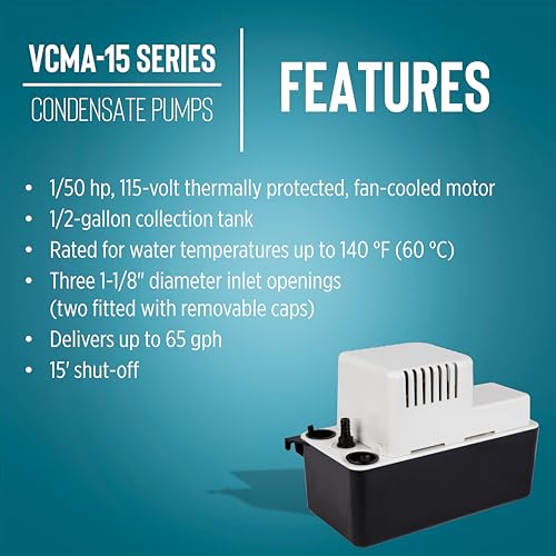 Image of Little Giant VCMA-15ULT 115 Volt, 65 GPH, 1 /50 HP Automatic Condensate Removal Pump with Tubing (no safety switch), Black /White, 554411