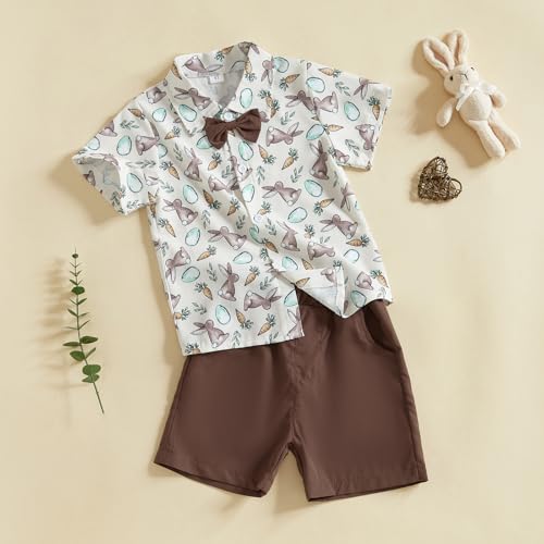 Image of Owl's-Yard Baby Boy Easter Outfits Rabbit Carrot Short Sleeve Button Down Shirts and Solid Color Shorts 2 Pcs Summer Set
