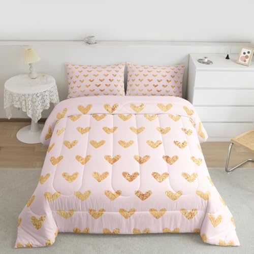 Image of Erosebridal Cute Heart Pattern Toddler Comforter Set Gold Pink Bedding Set for Kids Girls Valentine Love Geometric Comforter Love Heart Duvet Insert