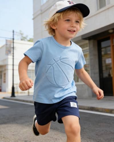 Image of Boys 2 Piece Outfits Short Sleeve Basketball Pattern T-Shirt and Shorts Summer Clothes for Kids 5-12 Years