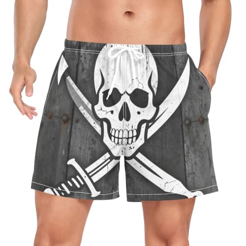 Traje de baño para hombre de secado rápido con estampado pirata rústico y cintura elástica