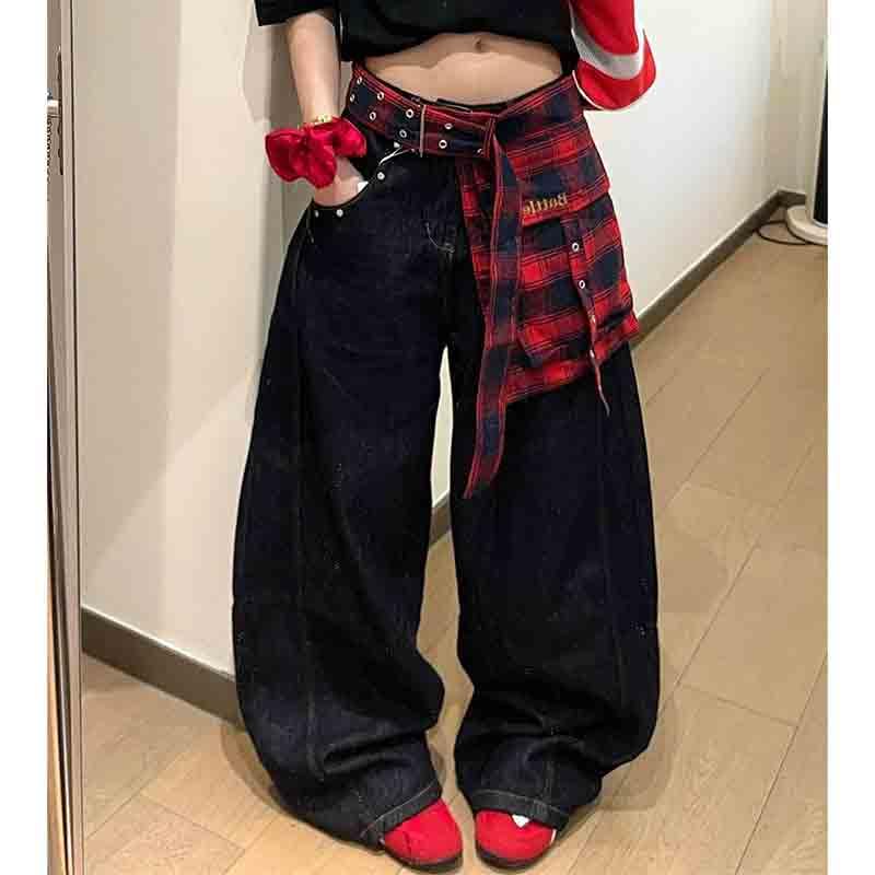 Women's Embroidered high Street Fart Curtain Plaid Jeans Wide Leg Curved Knife Casual Pants2