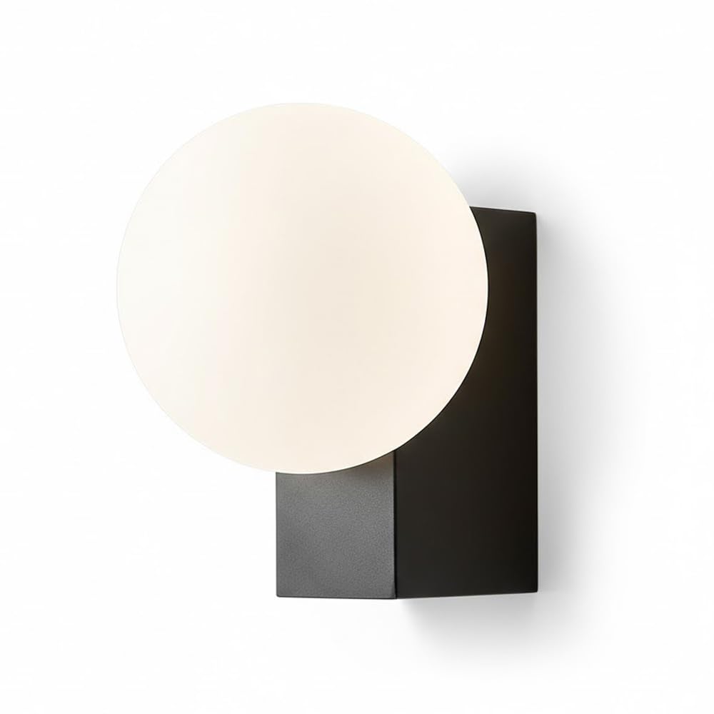 NHPJFDC Modern Minimalist Wall Sconce, Matte Black E26 Wall Light Fixture with Frosted Opal Glass Globe Shade, Nordic Decorative Lighting for Bedroom, Bathroom Vanity, Living Room, Hallway.