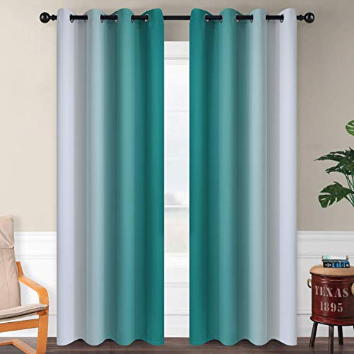 Image of SimpleHome Ombre Teal to Grey White Curtains for Living Room 52Wx84L | Room Darkening Curtains for Bedroom,Gradient Light Blocking Curtain,Thermal Insulated Grommet Window Drapes,2 Panels,84 Inch
