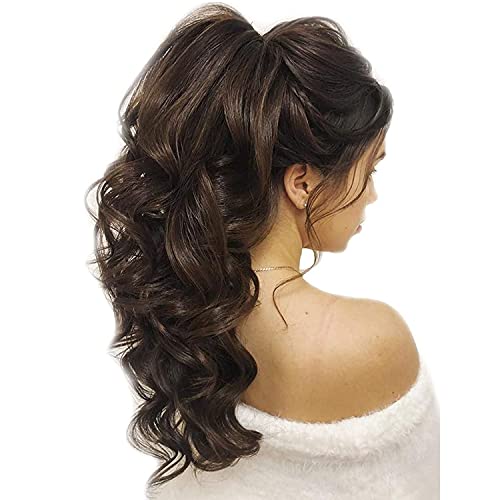 Image of Women Ponytail Hair Extension 20 Inch Step Cutting Curly Brown Highlight Hair Pieces for Women Party /Halloween /Christmas