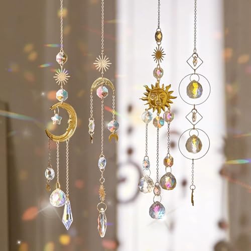 Image of HASTHIP 4Pcs Crystal Sun Catcher Hanging Charms for Home Decor, Glittering Reflective Colorful Sun Light Catcher Hanging Ornaments for Window, Room, Balcon