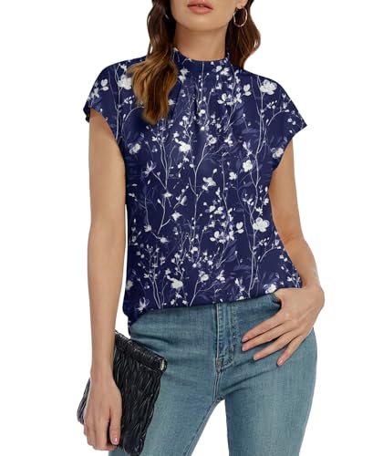 Image of Funlingo Womens Summer Tops Mock Neck Short Cap Sleeve Blouses Business Casual Work Chiffon Shirts Front Pleated Tunic Top