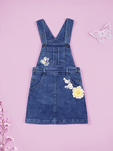 Image of KiddoPanti Girls Solid A-Line Fit Pinafore 5 Pocket Denim Dungaree Skirt