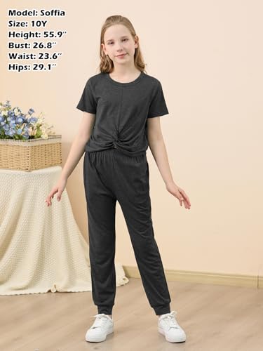 Image of GORLYA Girls Pant Sets Clothing Suits Twist Knot Sweat Crop Tops and Casual Sweatpants 2PCS Tracksuit Outfits 6-14Y