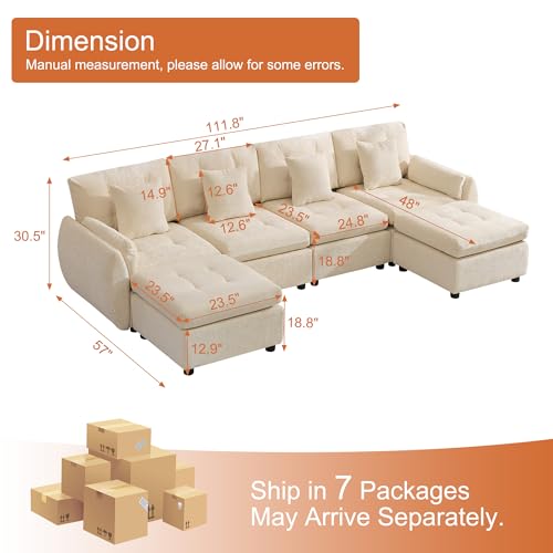 Image of 112 inch U Shaped Modular Sectional Cloud Sofa with 2 Ottomans, Oversized Deep Seat Tufted Chenille 6-Seater Couch with Curved Arms, Upholstered Sofas for Living Room, Beige