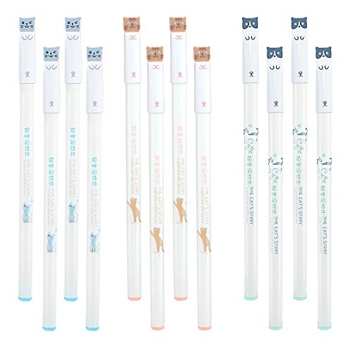 Lot de 12 stylos fantaisies à gel et encre de 0,38 mm avec une tête de chat mignon sur le bouchon pour cadeau d'anniversaire, pour l'école ou le bureau, de Allbusky noir Cover
