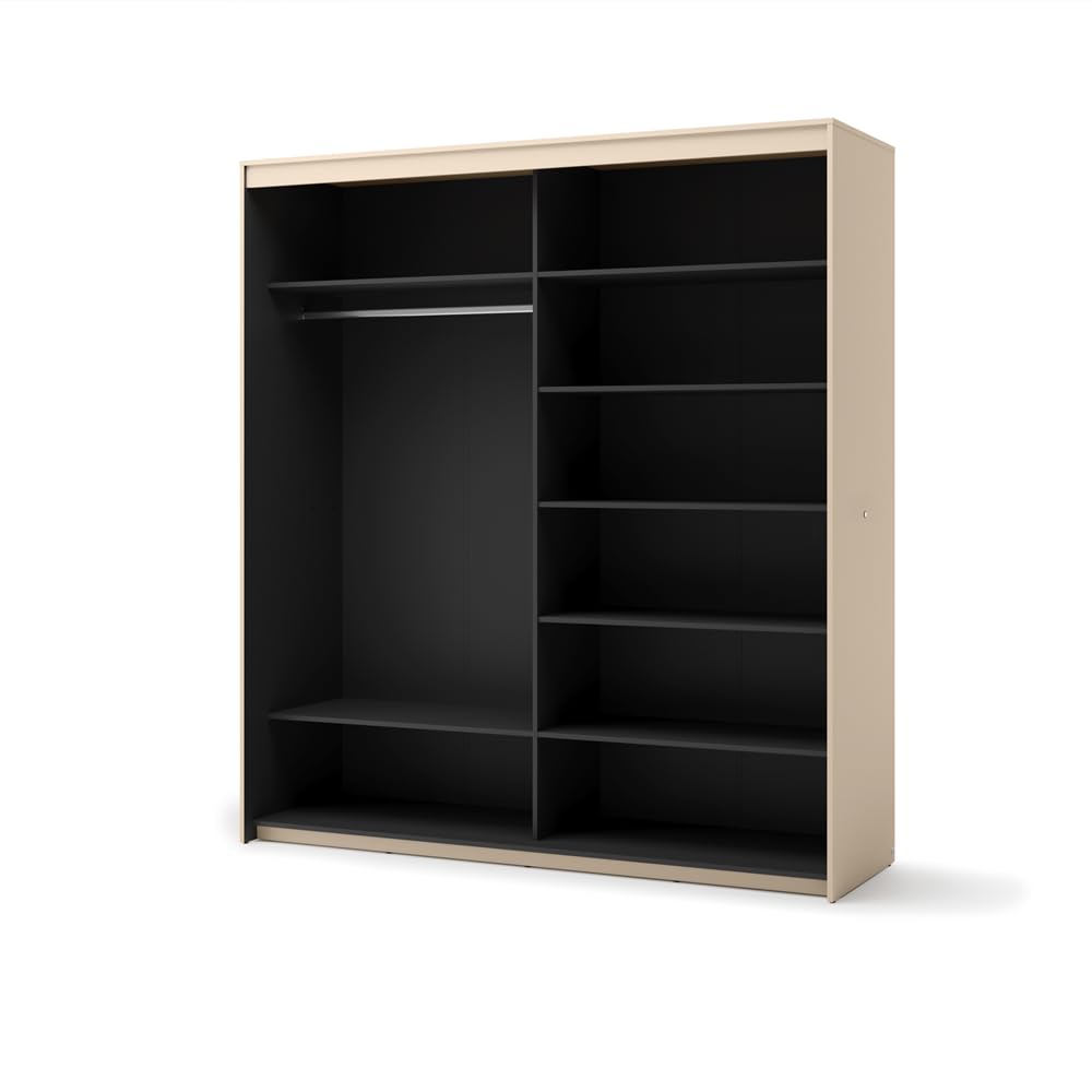 Duża szafa na ubrania TS-01 z lustrem i oświetleniem LED – dwudrzwiowa, rowkowane fronty, beżowa/czarna – 200 x 222 x 63 cm
