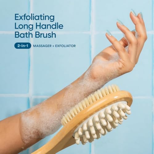 Image of (1Pcs) Premium Soft Silicone Back Scrubber Shower Bath Body Brush with Long Handle, Body Exfoliator for Bath or Dry Brushing, for Men Women Elderly. (Wooden Brush)