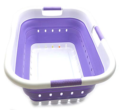 Image of SAMMART Collapsible 3 Handled Plastic Laundry Basket - Foldable Pop Up Storage Container /Organizer - Portable Washing Tub - Space Saving Hamper /Basket (3 handled rectangular, White /Lt. Purple)