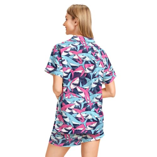 Image of Funny Pajamas for Women Set Print Satin Loungewear Pjs Short Sleeve Button Down Top and Shorts Sets Sleepwear XS-3XL