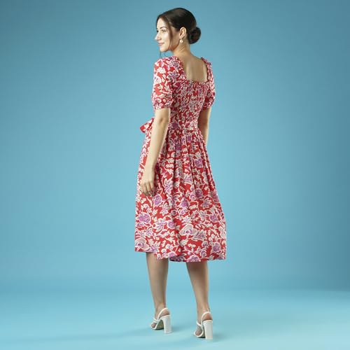 Image of Globus Women Teal Floral Print Smocked Square Neck Casual Fit and Flare Midi Belted Dress-3638174002
