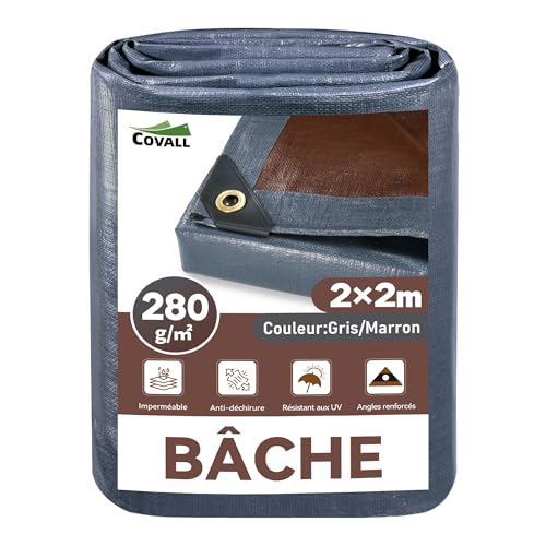 COVALL bâche 2x2m imperméable 280g/m² bâche de Protection extérieur, surpoids avec œillets soudés renforcés, Anti-UV, résistante aux intempéries pour...