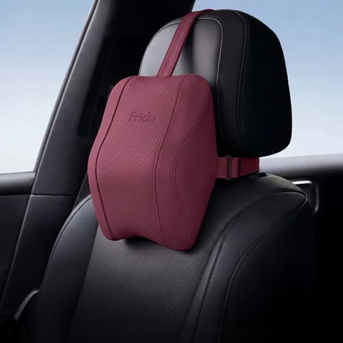 Image of Frido Premium Car Neck Rest Pillow with Ergonomic Memory Foam Headrest Cushion and Luxe Leatherette Cover, Comfortable Neck Support for Driving, Relieves Neck Pain for Long Drives and Travel | Maroon