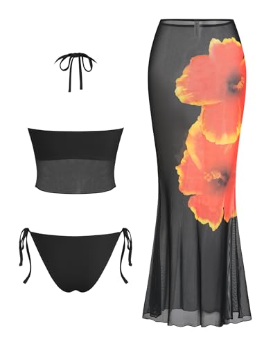Image of ZAFUL Women 3 Piece Bikini with Cover Up Skirt Halter Bandeau Swimsuit Floral Tie Side Cheeky Bathing Suit
