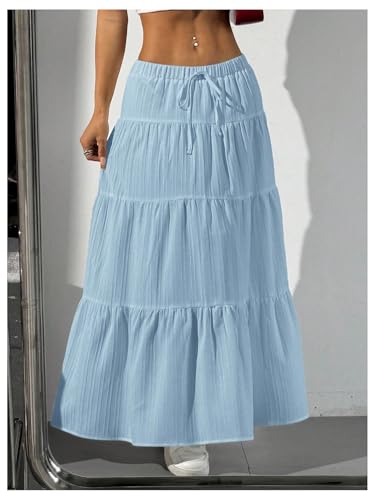 Image of Verdusa Women's Long Maxi Skirt Boho Flowy Flared Ruffle Skirts 2026 Beach Vacation Summer Going Out Outfits