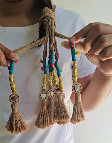 Image of Zippy Flora Handmade Boho Parandi / Paranda Traditional Hair Accessory for Women & Girls | Ethnic Braided Hair Tassels, Choti Hair Extension, Decorative Braid Jewelry for Festive & Wedding Hairstyles (Neelima Dark Beige)