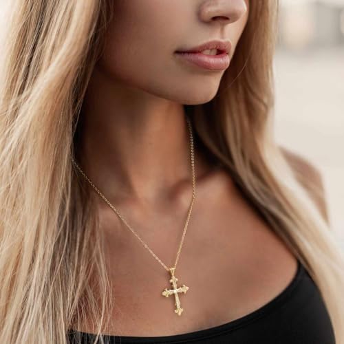 14K Gold Cross Necklace for Womens Gold Cross Necklace for Men Baroque Pendant Elegant Chain Women CZ Stones 43cm and 6cm4