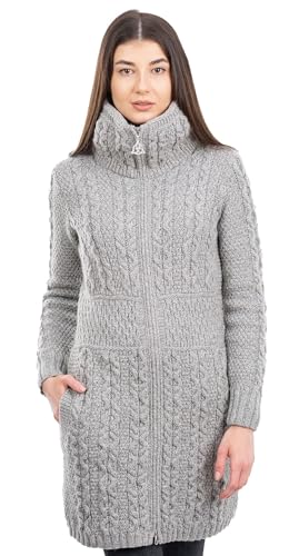 Image of SAOL Irish Cardigan for Women with Pockets Made of 100% Merino Wool Ireland Long Coat